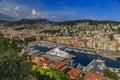 View of boats, coastline and traditional houses in Lympia port on the Mediterranean Sea, Cote d`Azur in Nice, France Royalty Free Stock Photo