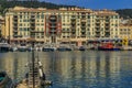 View of boats, coastline and traditional houses in Lympia port on the Mediterranean Sea, Cote d`Azur in Nice, France Royalty Free Stock Photo