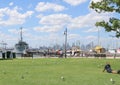 View of boats and distant Melbourne skyline from Gem Pier, Williamstown foreshore Royalty Free Stock Photo