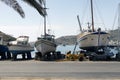 A view of boats and fishing boats in the port of the island of Patmos, Greece