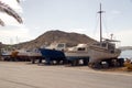 A view of boats and fishing boats in the port of the island of Patmos, Greece