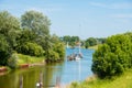 View of the boats in the harbor, Hooksiel, Wangerland, Germany. Copy space for text. Royalty Free Stock Photo