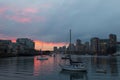 View of boats moored in False Creek seen during a beautiful blue hour sunset in winter Royalty Free Stock Photo