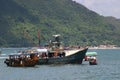 View Of Boats Moored At Harbor, Sai Kung Pier In Hong Kong 27 June 2004