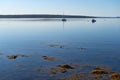 View of boats moored on Penobscot Bay in Searsport, Maine