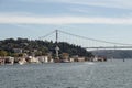 View of boats passing on Bosphorus, Kanlica neighborhood and FSM bridge in Istanbul. It is a sunny summer day.