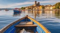 View through boats to city Marta on lake Bolsena in Italy, Generative AI Royalty Free Stock Photo