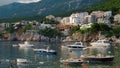 View of boats on water during sunset on coastline of Adriatic sea, Montenegro