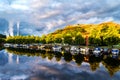 View of the boats and yachts with Fredriksted fortress in Halden, Norway Royalty Free Stock Photo