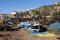 View of a boatyard in Hastings, East Sussex on February 12, 2024