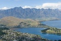 View from Bob`s Peak above Queenstown township, Queenstown Gardens and Lake Wakatipu below and Remarkables Mountain Range beyond Royalty Free Stock Photo