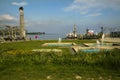 View on the Bodensee lake , a statue of Graf Zeppelin and statue of Imperia  in Konstanz, Germany. Royalty Free Stock Photo