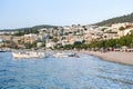 View of Bodrum Beach, Aegean sea, white houses, marina, yachts in Bodrum town Turkey Royalty Free Stock Photo