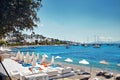 View of Bodrum Beach with umbrella at Aegean sea Royalty Free Stock Photo