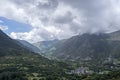 View of the Boi Tahull valley with the village of Boi and Erill la Vall with the mountains of the Lleida Pyrenees in the