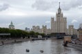 View from the Bolshoi Moskvoretsky bridge on a high-rise building on Kotelnicheskaya embankment of Moscow