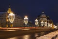 View of Bolshoy Moskvoretsky bridge with lanterns in the form of glasses of champagne in the evening, Moscow