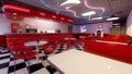 View from a booth in 1950s retro American diner with black and white checked floor and red furrniture. 3D rendering