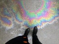 View of boots on oil spill