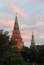 View of the Borovitskaya and Vodovzvodnaya towers from the Alexander Garden Royalty Free Stock Photo