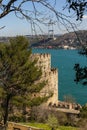 View of the Bosphorus and Sultan Mehmed Fatih Bridge from the historic Rumelihisari or Rumelian Castle in Istanbul. Turkey