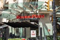 View of Boston Pizza restaurant on Smithe Street in Downtown Vancouver with sign