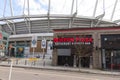 View of Boston Pizza Restaurant and Sports Bar in Downtown Vancouver with Rogers Arena in the background Royalty Free Stock Photo