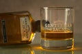 View of a bottle of Gentleman Jack and a glass of whiskey Royalty Free Stock Photo