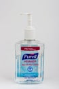 A view of a bottle of Purell hand sanitizer.