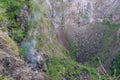 View of the bottom of the deep crater of the active Batur volcano in Bali. Smoke rises from the steep wall of the volcanic crater.