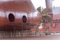 View on the bottom part of the ship and ships propeller. Royalty Free Stock Photo