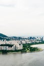 View from bottom of Sugarloaf mountain just dusk overlooking boats on Guanabara bay Royalty Free Stock Photo