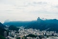 View from bottom of Sugarloaf mountain just dusk overlooking boats on Guanabara bay Royalty Free Stock Photo