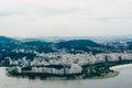 View from bottom of Sugarloaf mountain just dusk overlooking boats on Guanabara bay Royalty Free Stock Photo