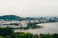 View from bottom of Sugarloaf mountain just dusk overlooking boats on Guanabara bay Royalty Free Stock Photo