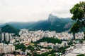 View from bottom of Sugarloaf mountain just dusk overlooking boats on Guanabara bay Royalty Free Stock Photo