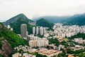 View from bottom of Sugarloaf mountain just dusk overlooking boats on Guanabara bay Royalty Free Stock Photo