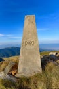 View of a boundary stone on the Yugoslavia SFRJ border. The border between North Macedonia and Greece