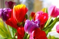 View of a bouquet of blooming tulips in a vase. Congratulations on the holiday. Mothers Day Royalty Free Stock Photo