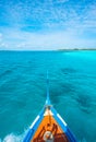 View from the bow of Maldivian wooden dhoni boat o Royalty Free Stock Photo