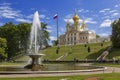 View of the Bowl fountain French and the Palace Church of Peter and Paul in the lower Park of Peterhof, St. Petersburg, Royalty Free Stock Photo