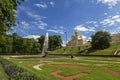 View of the Bowl fountain French and the Palace Church of Peter and Paul in the lower Park of Peterhof, St. Petersburg