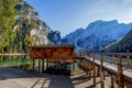View of Braies lake in a colorful autumn landscape in Italian Dolomites alps, Pusteria Valley, inside the Fanes - Sennes and Braie Royalty Free Stock Photo