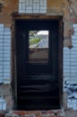 View of branches of trees and forest through the dark corridor of the old destroyed an abandoned building Royalty Free Stock Photo