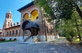 View of a Brancovenesc style palace build with balcony and windows with circular arches. Building in Romanian Renaissance style