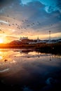 View of Bratislava castle on late afternoon in water pool with the ricochet and beautiful sunset on river Danube, Slovakia Royalty Free Stock Photo