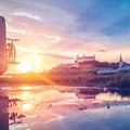 View of Bratislava castle on late afternoon in water pool with the ricochet and beautiful sunset on river Danube, Slovakia Royalty Free Stock Photo