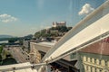 View of bratislava castle, Slovakia capital city from new city carousel Royalty Free Stock Photo