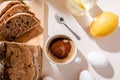 View of bread, eggs, lemon water Royalty Free Stock Photo