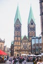 View of Bremen market square with Town Hall, Roland statue and crowd of people, historical center, Germany Royalty Free Stock Photo